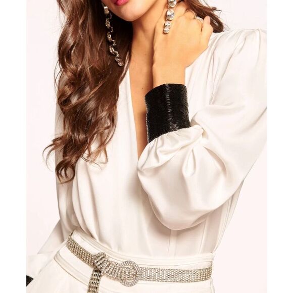 NEW RAMY BROOK IVORY SELENA WRAP FRONT SEQUIN BEADED CUFFS SATIN BODYSUIT TOP M - Picture 5 of 6